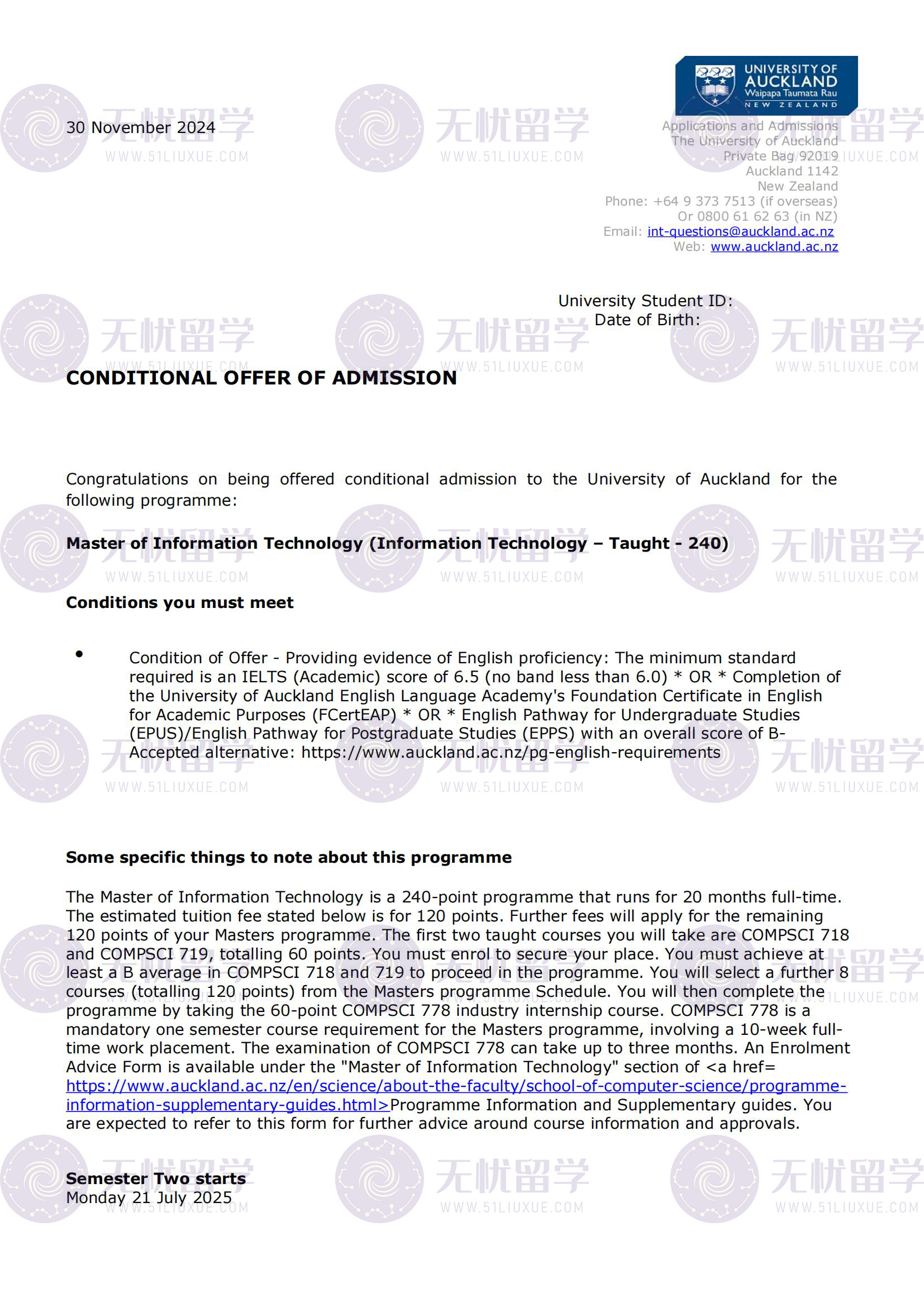 新西兰硕士录取｜助力学生斩获奥克兰大学信息技术硕士offer